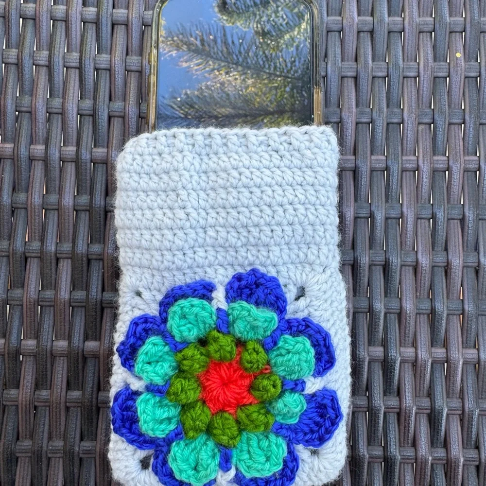 New Handmade Crochet Phone Pouch with Colorful Flower Design